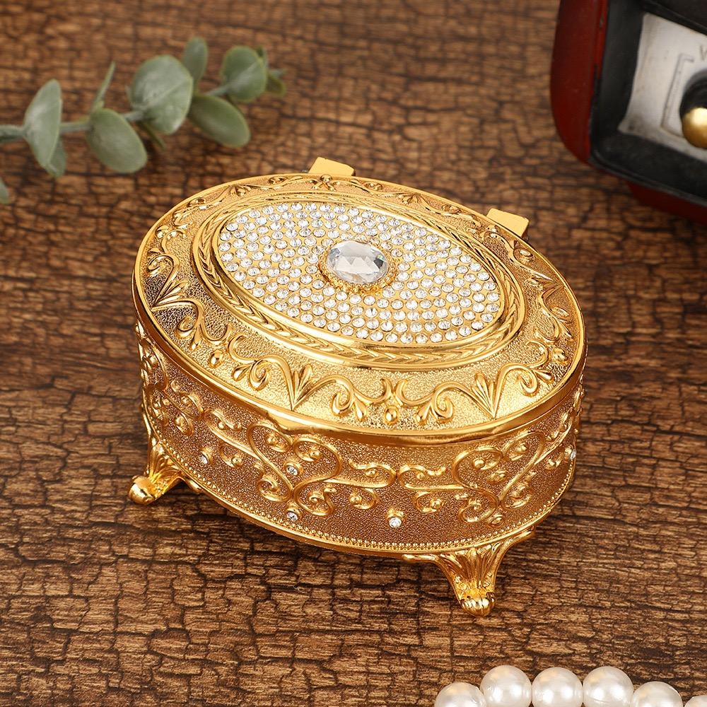 European Style Mini Jewelry Storage Box Organizer Portable Ellipsoid Inlaid Gem Alloy Necklace Ring Storage Dresser Display Case
