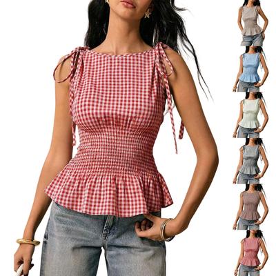 Damski top bez rękawów w kratę, vintage, kraciasty, dopasowany w talii, z marszczonym pasem, baskinką i wiązanymi na ramionach ramiączkami, casualowa bluzka