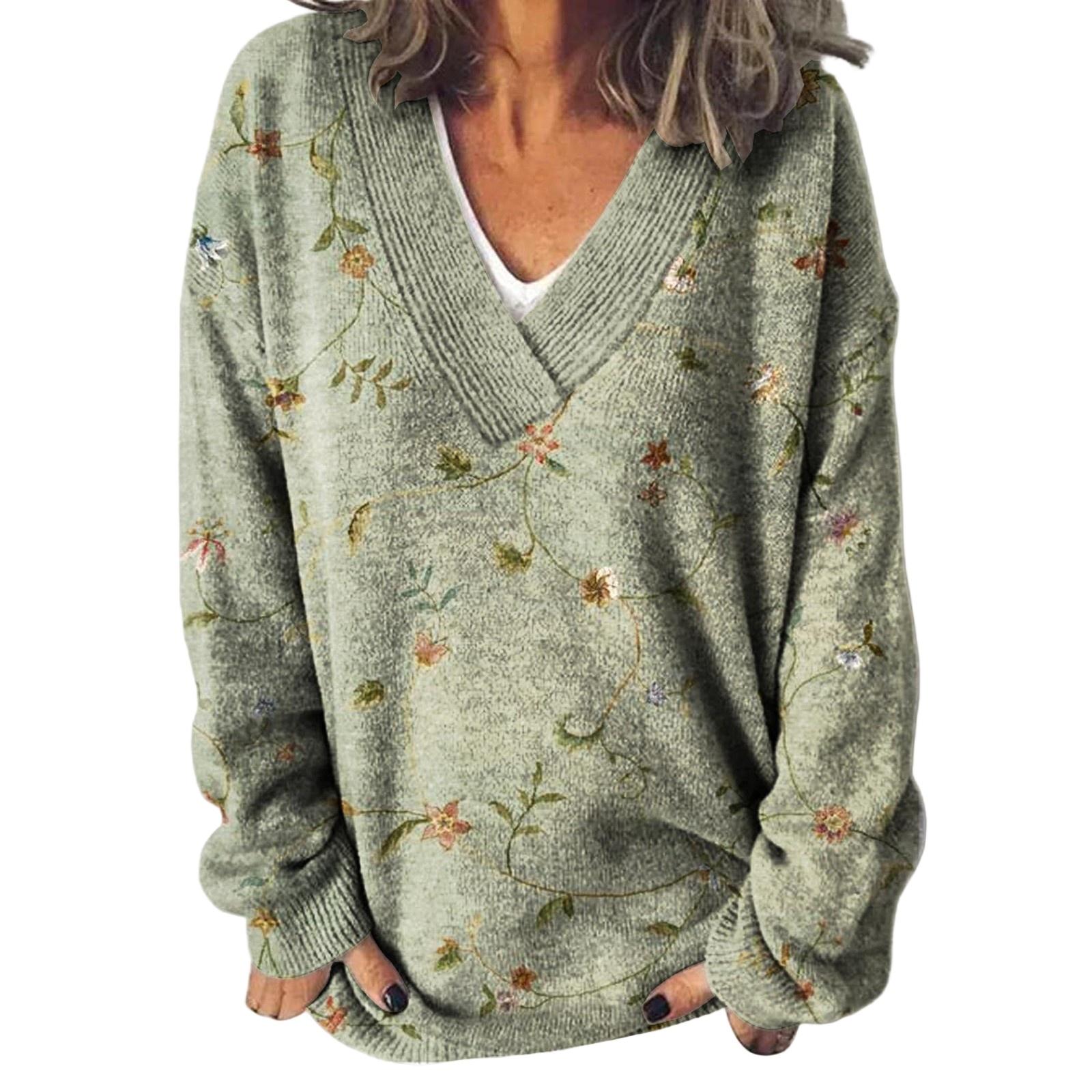 

Womens Casual Pullover Sweater with Floral Print Loose Fit Long Sleeve V Neck Lightweight Knit Top for Fall Winter XL