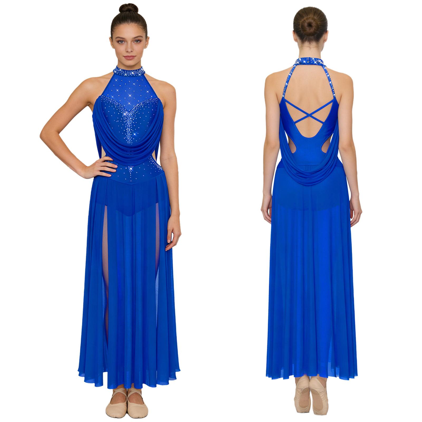 

S-XXL Women Modern Dance Gown Sparkly Rhinestones Halter Sleeveless Backless Maxi Dress Integrated Snap Crotch Briefs for Contemporary Performance S