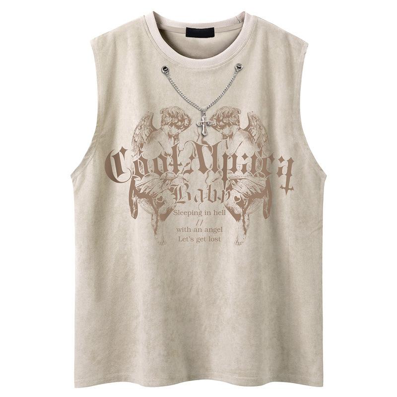 YPRS Men's Wind Angel Wings Printed Crew Neck Strap Chain High Street Loose Trend Personality Men's Sleeveless Vest
