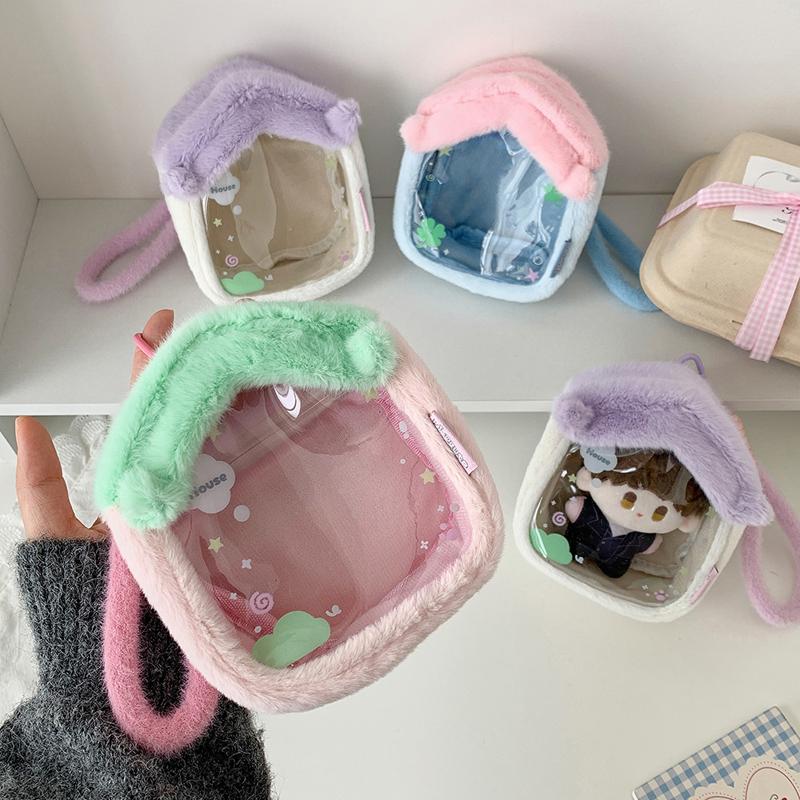 Cartoon Plush Clear PVC Doll Storage Bag, 3D Outdoor Little House, Doll Bag for Showing Off, Student Keychain, Doll Bag