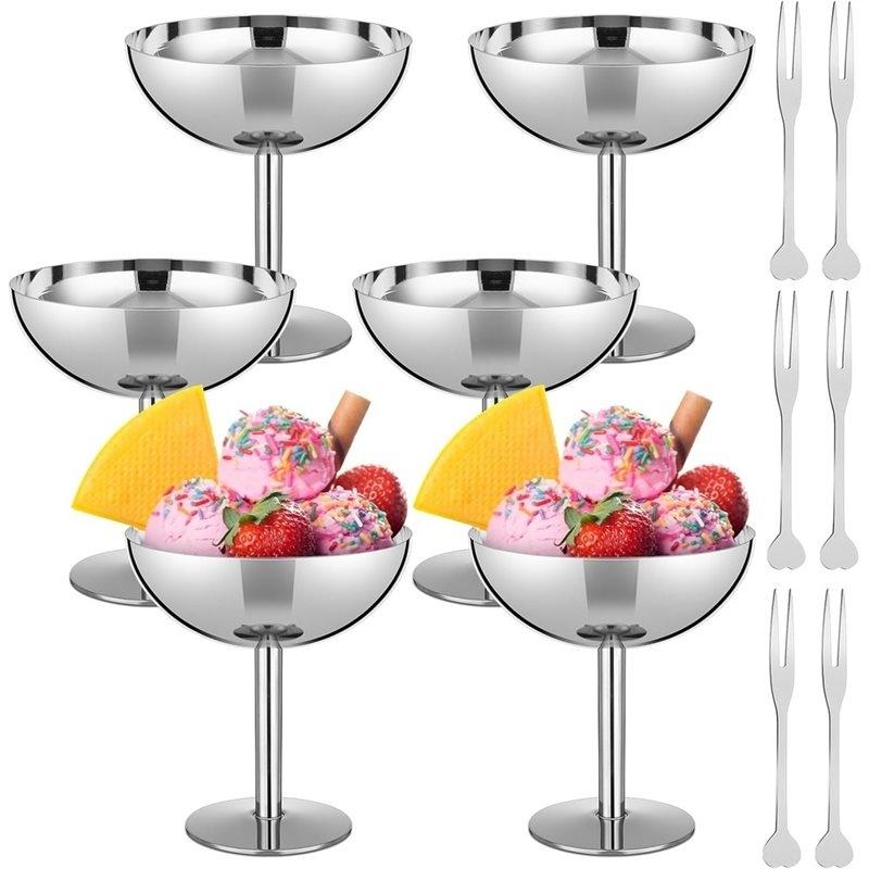 J1UL1N Bulk 6 Sets Stainless Steel Ice Cream Cups Dessert Bowls With Forks Silver Small Metal Footed Cup For Party Supplies 6.7