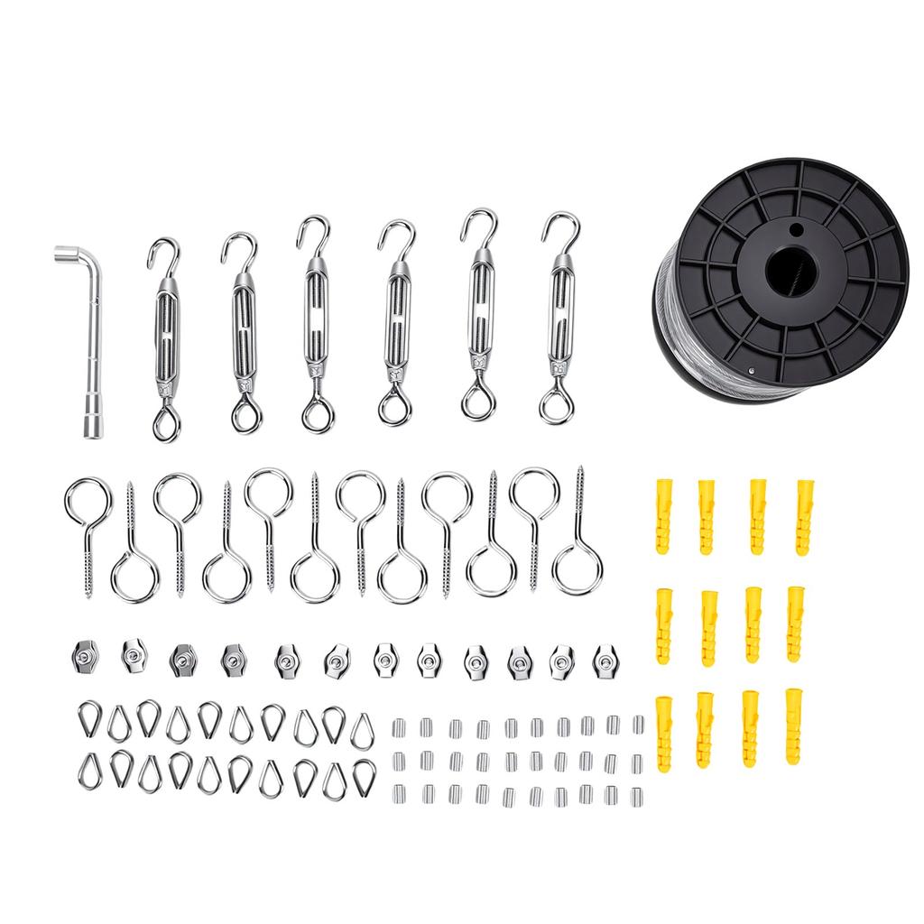 Wire Rope Crimping Tool Kit 60M 2mm 304 Stainless Steel Cable Eye Bolts Loop Sleeves and Thimbles for Garden Fence
