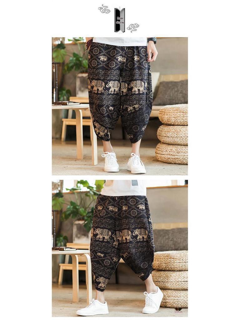 Men's Loose Linen Beach Pants, Wide-Leg 7-Point Harem, Casual Thai-Style Cotton Blend