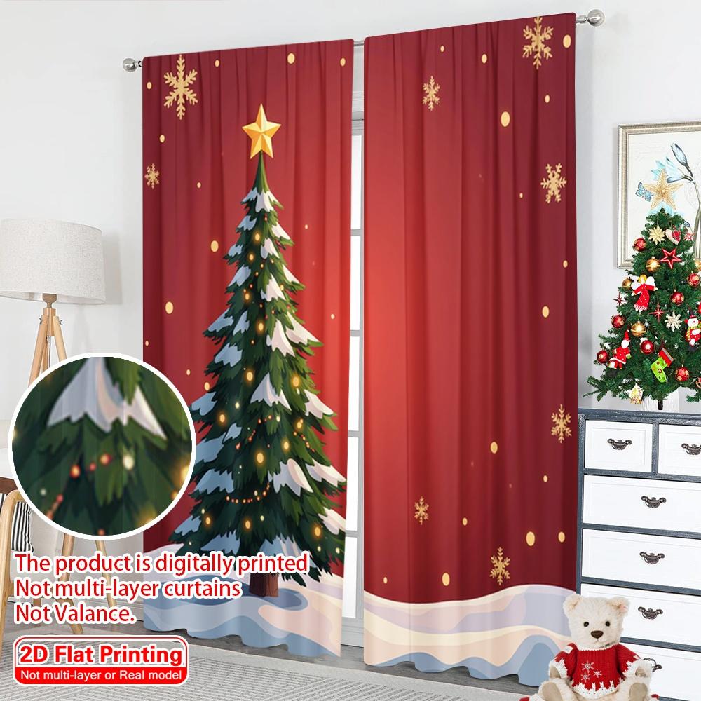 2pcs 2D Flat Printing Merry Christmas Window Curtains Golden Christmas Tree Snowflakes Polyester Fabric Without Electricity