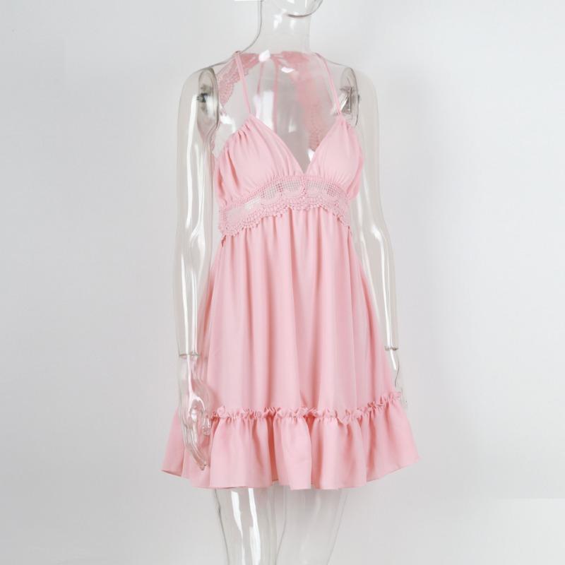 Solid Color Women's Sexy Backless Halter Waist Lace Dresses