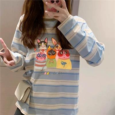 Spring Autumn Korean Youth Girl Stripe Cartoon T Shirt Casual Loose Bottoming T-Shirts Women Long Sleeve Student Tops Y2k Tshirt