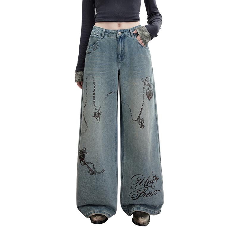 UNIFREE Chain Print Loose Straight-Leg Jeans S