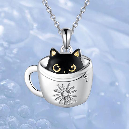 Halskette mit Haken und Ohrringen für Damen, schwarze Katze in Becherform, verstellbare Halskette, Geschenk zum Geburtstag und Jahrestag, Hals-Ohrschmuck aus Legierung für den Alltag und Partys