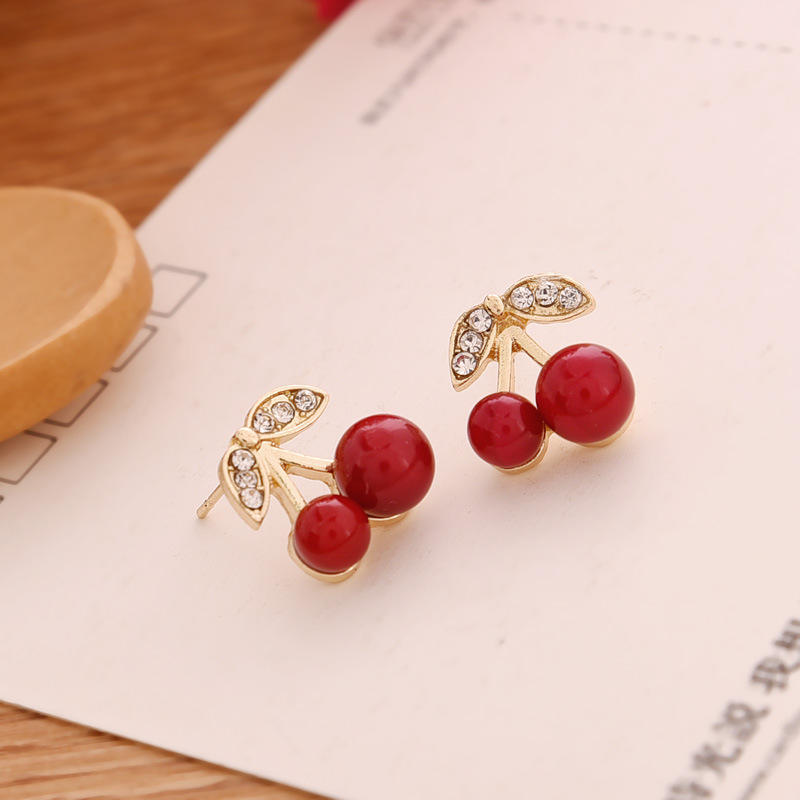 Red Cherry Stud Earrings with Diamonds Cherry Stud Earrings Accessories 2Pcs красный