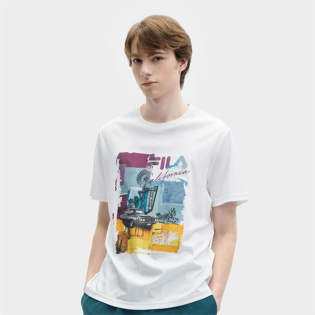 Fila SS24 Retro Minimalist Fashion Color Block Printed Casual Comfortable Knit Crew Neck Short Sleeve T-Shirt Men Tops Standard-White F11M428114FWT