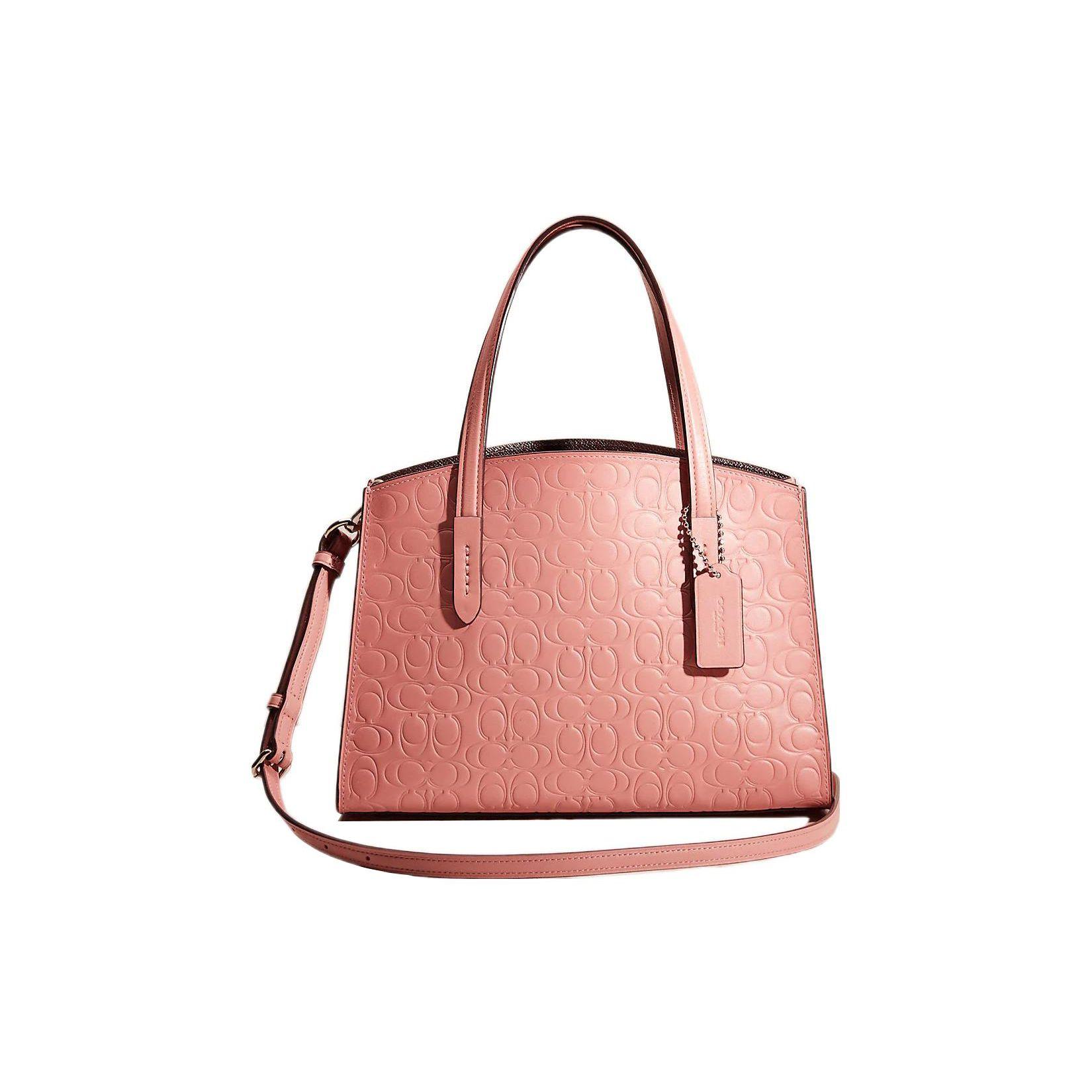 Coach Charlie 28 Solid Color Embossed Logo Nameplate All Over Embossed Leather Shoulder Crossbody Tote Bag Large Women handbags Pink CG740-SVOBD Basic Set (Bag+Dust Bag)