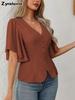 Deep V-Neck Ruched Waist Short Sleeve Top New Spring Fashion for Women