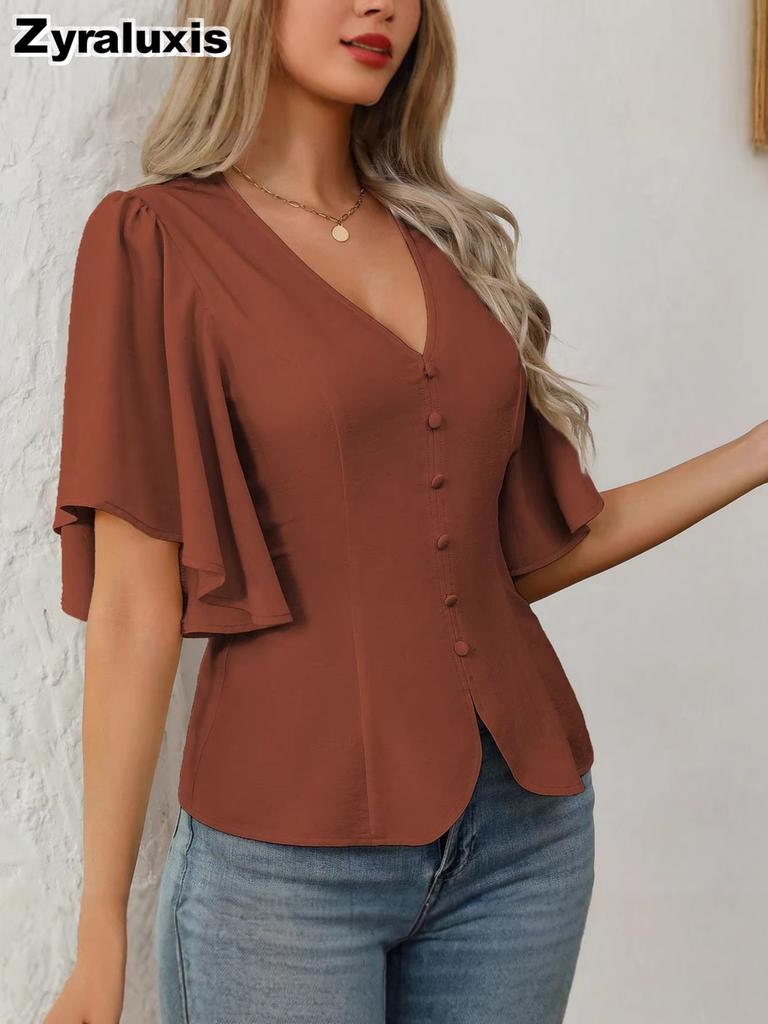 Deep V-Neck Ruched Waist Short Sleeve Top New Spring Fashion for Women