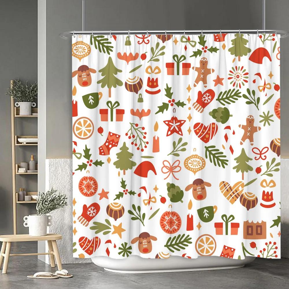 Christmas Shower Curtain Santa Claus Snowman Moose Cartoon Christmas Tree Winter Home Polyester Fabric Bathroom Decor Curtains