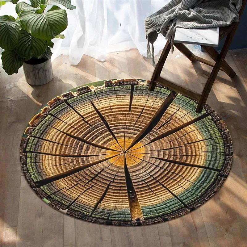 Natural Retro Tree Ring Slice Round Rug Collection Colorful Wood Grain Pattern Carpet For Living Room Kids' Room Decor
