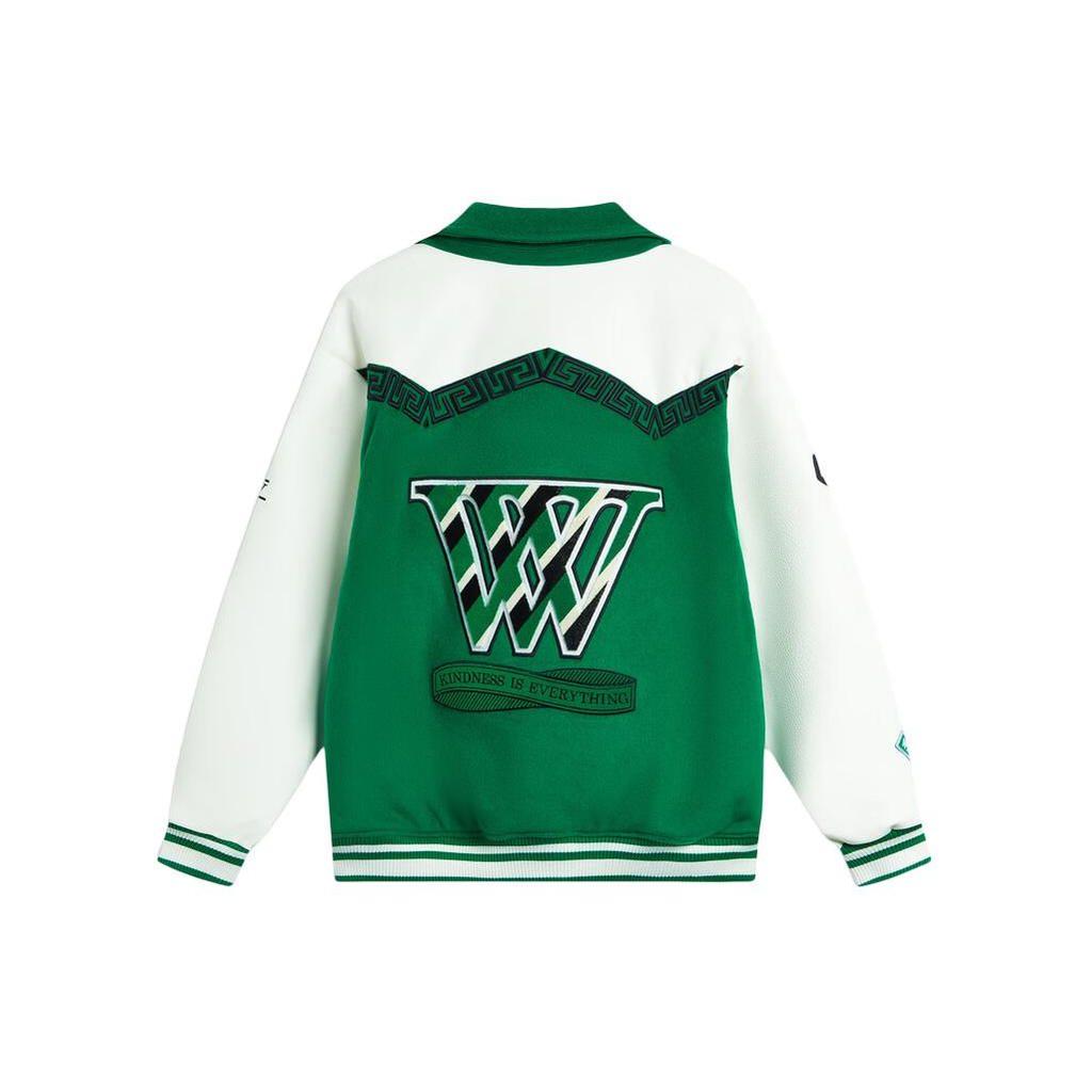 Li Ning Color Block Printed Letter Polo Collar Loose Jacket Women Jacket Cool-Green Cream-White AJMU003-1
