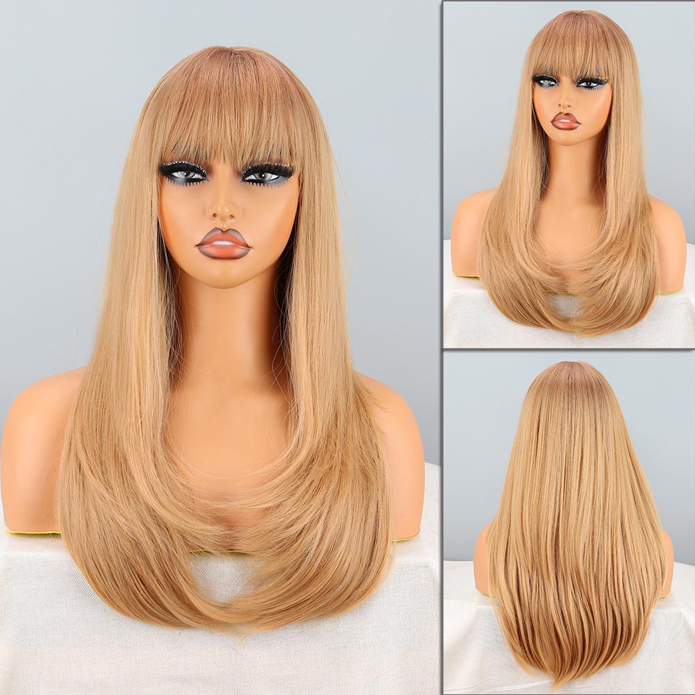 MISSQUEEN Women Long Layered Light Brown Ombre Wig with Bangs Synthetic Fiber Natural Straight Daily Wear Cosplay Wig