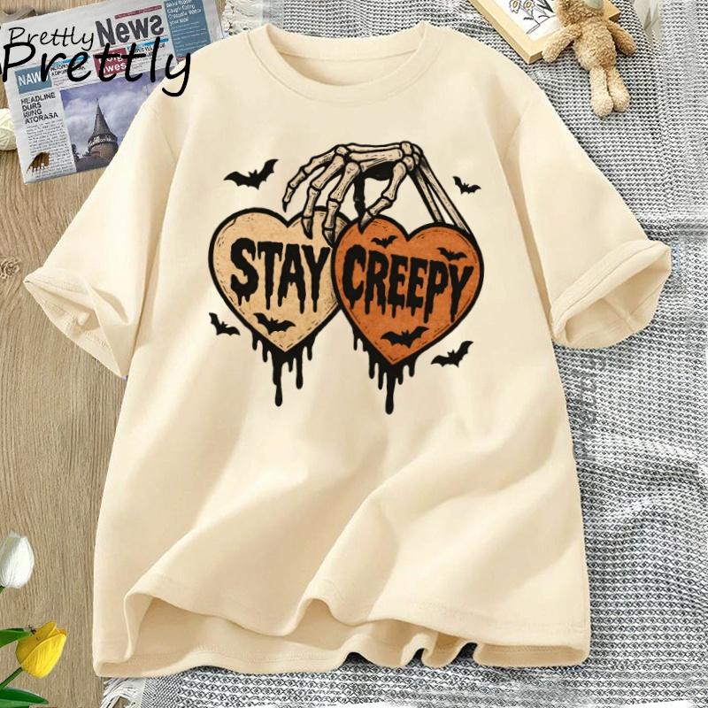 Stay Creepy Tshirt Retro Dripping Heart Halloween Clipart T Shirt Skeleton Hand Spooky Graphic T Shirts FeUnisex Clothing