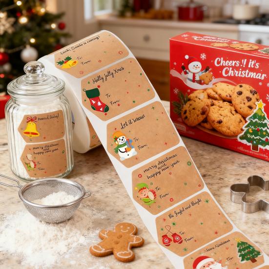 500Pcs/Roll Christmas Gift Tags Cartoon Santa Snowman Reindeer Tree To And from Name Tags DIY Present Box Greeting Card Envelope Self-adhesive Label