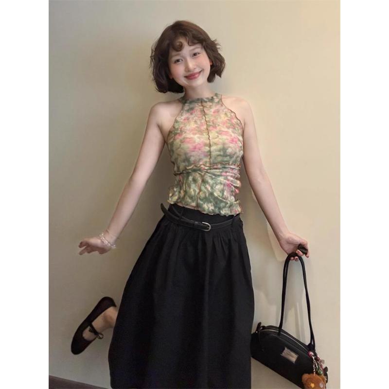 Women's Halter Sleeveless Top Watercolor Floral Print Ruched Slim Fit Casual Fashion Blouse