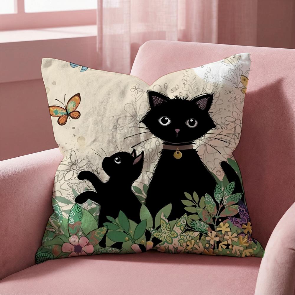 Cartoon Little Black Cat Cushion Cover Multi-Scene Pillow Cover for Home & Car - Reversible, Soft & Durable for Daily Use