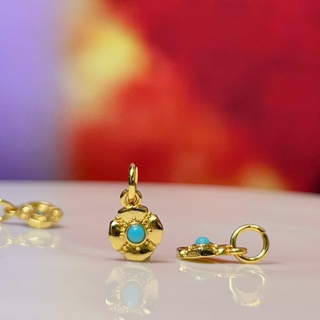 2Pcs, Natural Stone Blue Turquoise Pendant With Golden Edged, Fashion Handcrafted Flower Charms for Jewelry Making DIY Necklace Accessories 6×8mm