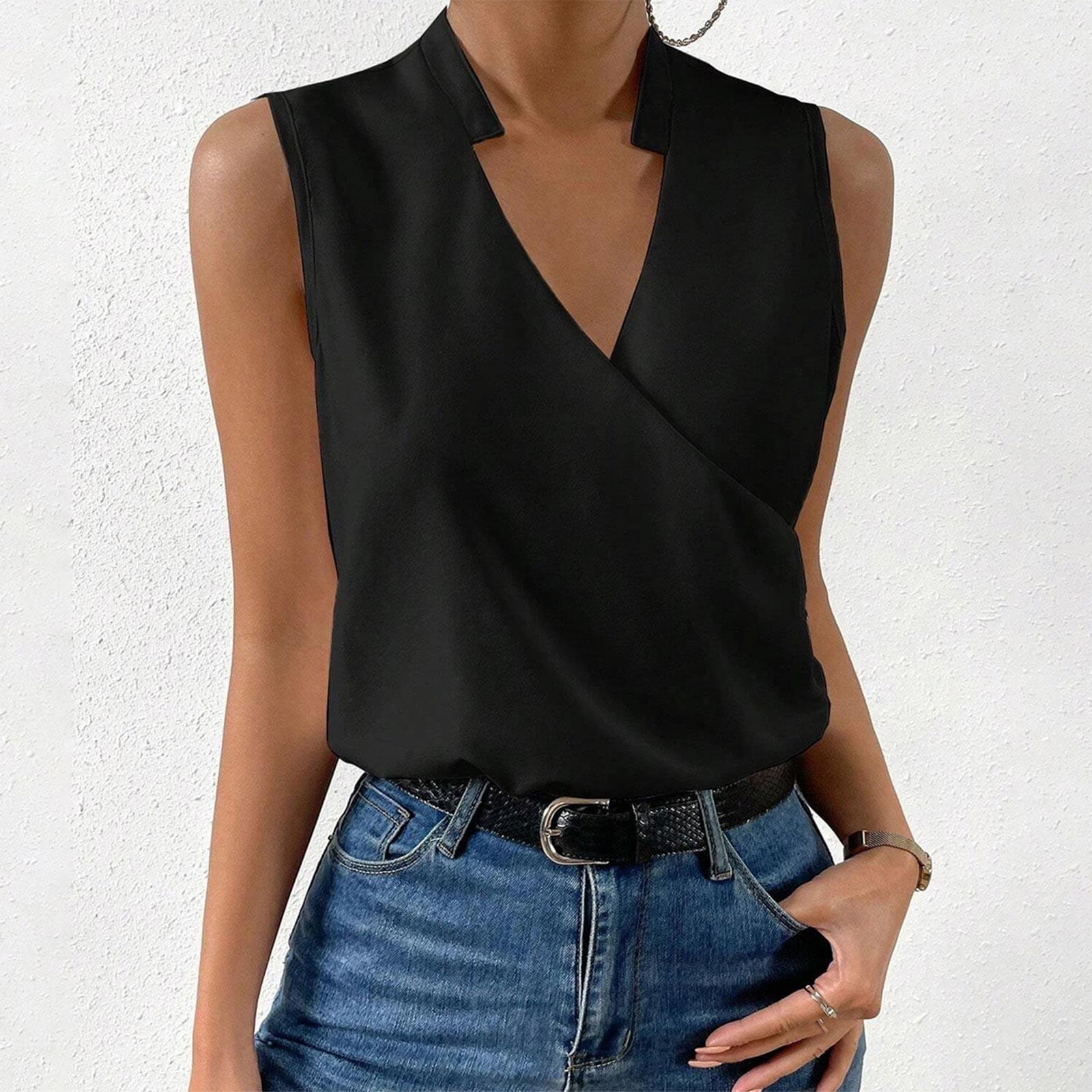 

(Бризанд) Женские летние однотонные топы без рукавов с V-образным вырезом на бретельках, блузки, рубашки XXXL чёрный