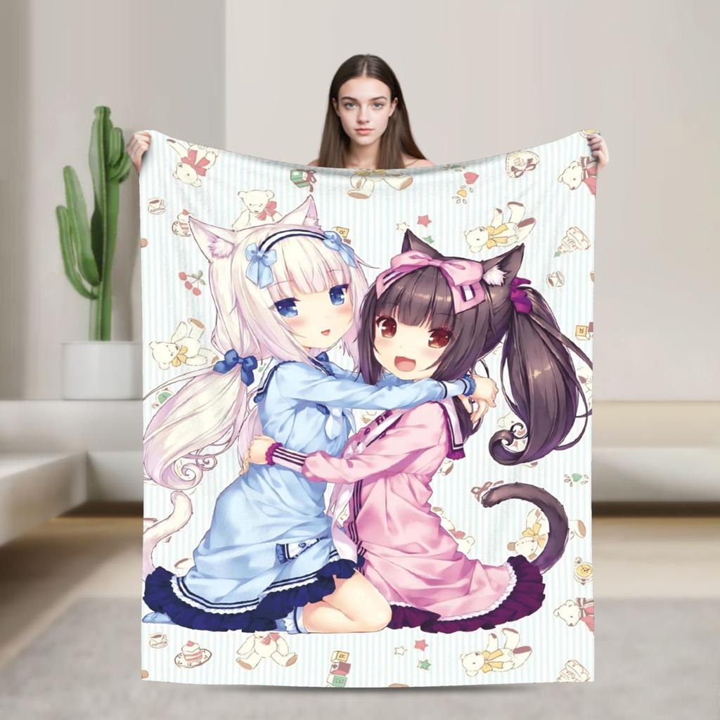 Kawaii Nekopara Anime Catgirls Blankets Fleece  Super Warm Throw Blankets for Outdoor Travel Bedroom Quilt