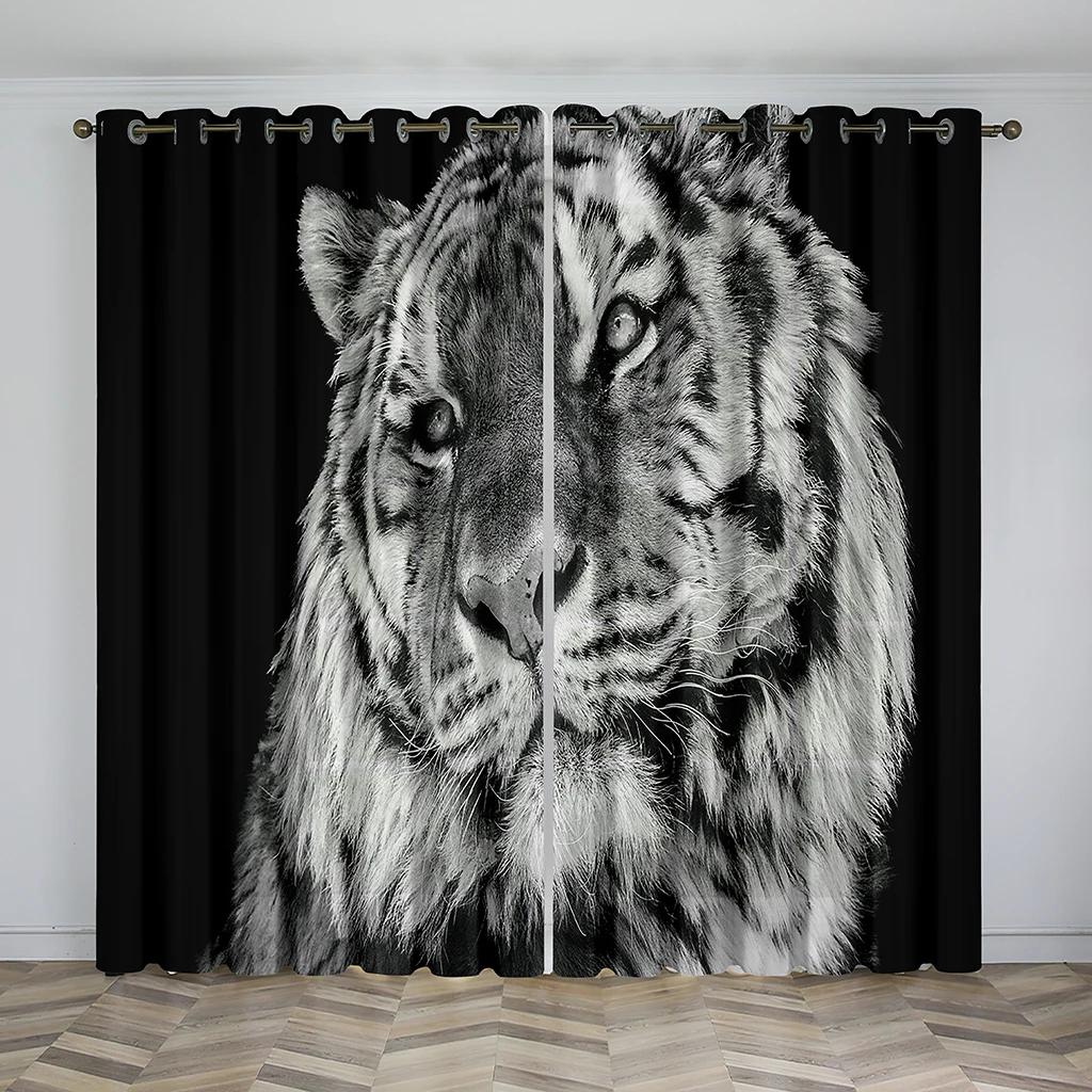 3D Digital Printing Curtain for Kitchen, White Tiger, Wild Animal Pattern, Short Window Curtains, Living Room, 2 Panels