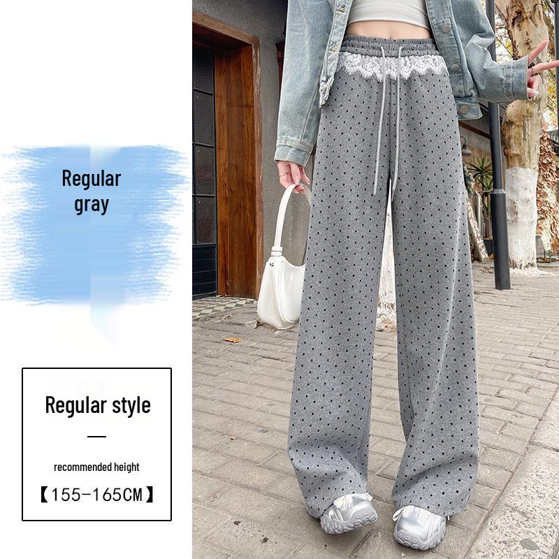 Women's High-Waist Polka Dot Lace Patchwork Wide-Leg Pants - Spring 2025 Collection