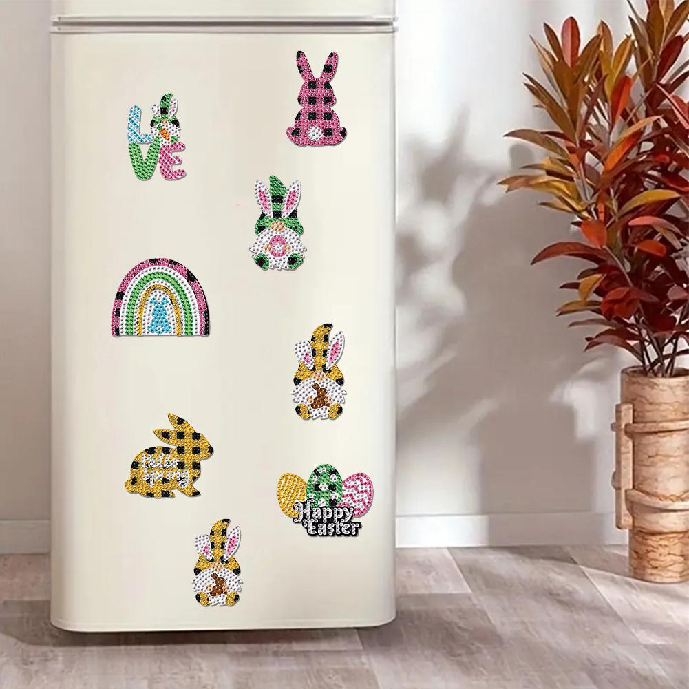 8Pcs Easter Rabbit Diamond Art Fridge Magnet Diamond Art Magnets Decals Diamond Painting Fridge Magnet for DIY Crafts Party Gift