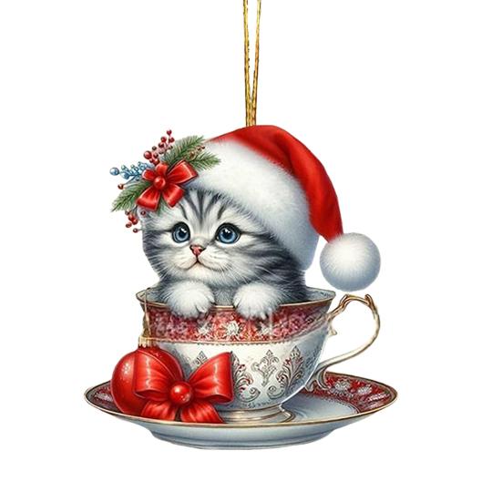 Acrylic Teacup Cat Hanging Ornaments Cute Cartoon Cat Christmas Ornament 2D Flat Car Mirror Charm for Christmas Tree Decoration KTY