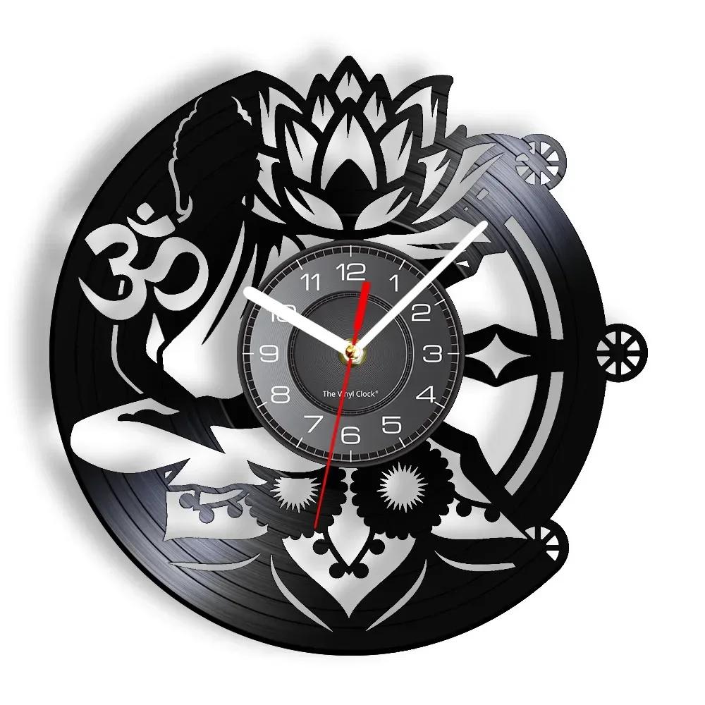 Buddha Yoga Lotus Vinyl Record Wall Clock Buddha Yoga Studio Meditation Wall Watch Home Decoration Yoga Lotus Wall Clock