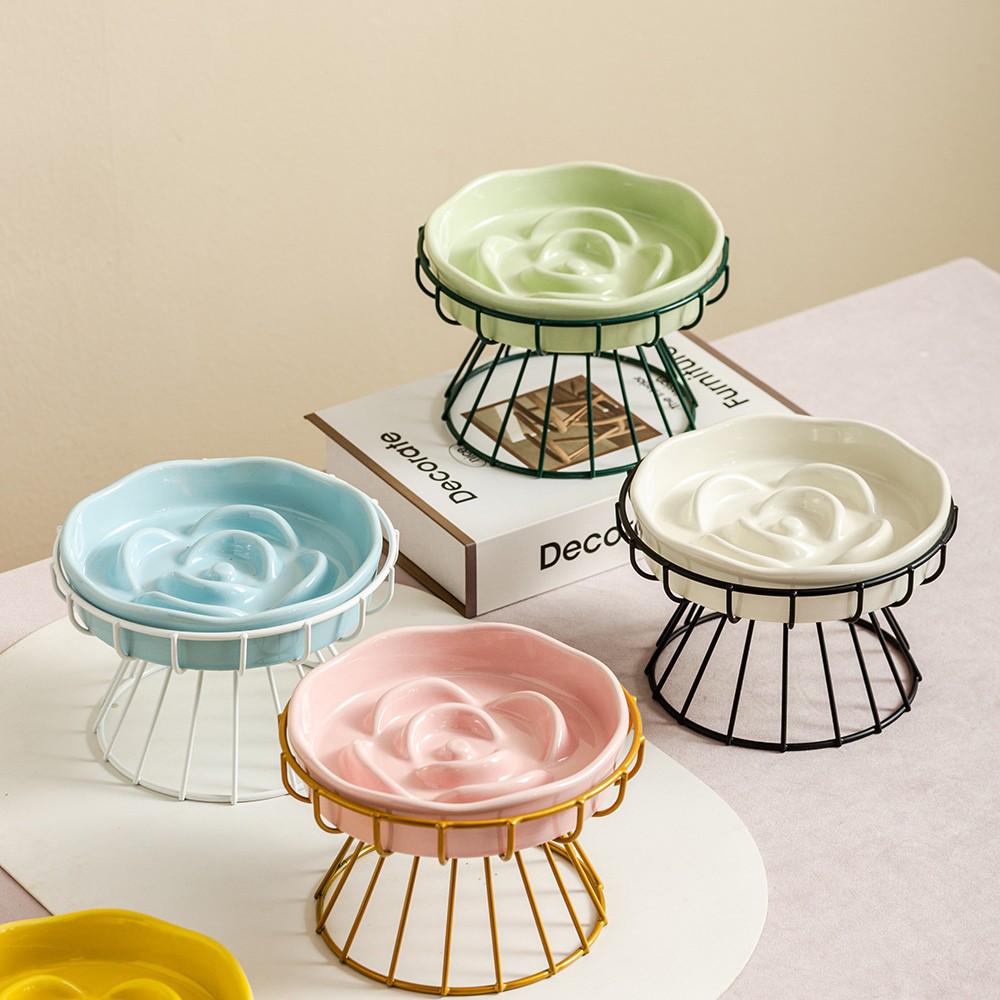 Ceramic Anti-Choke Slow Feeder Bowl with Neck Protection Stand for Small Dogs and Cats