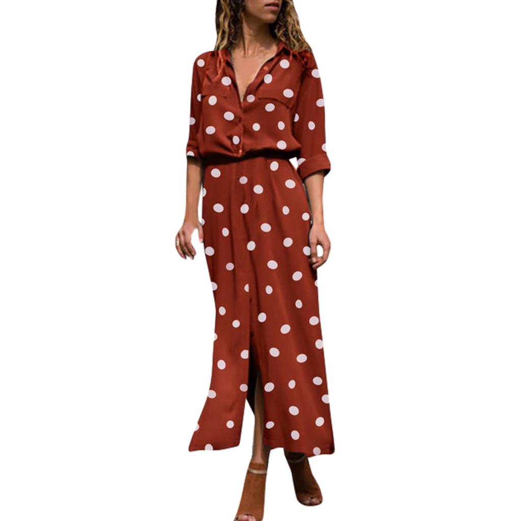Women Summer Dot Print Long Sleeve Button Long Dress Party Beach Dress