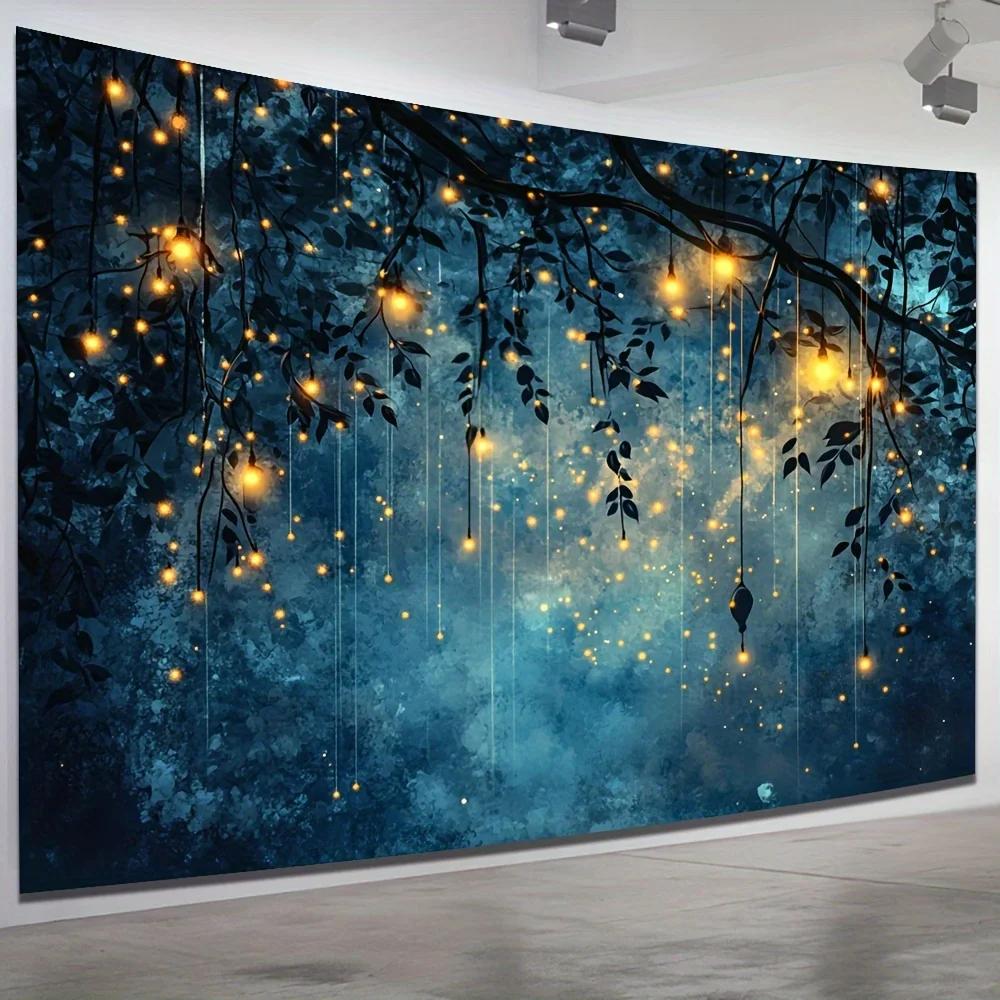 1pc Enchanting Firefly Forest Wall Tapestry - Polyester Art with Glowing Lanterns & Lush Greenery, Perfect for Living Room, Bedr