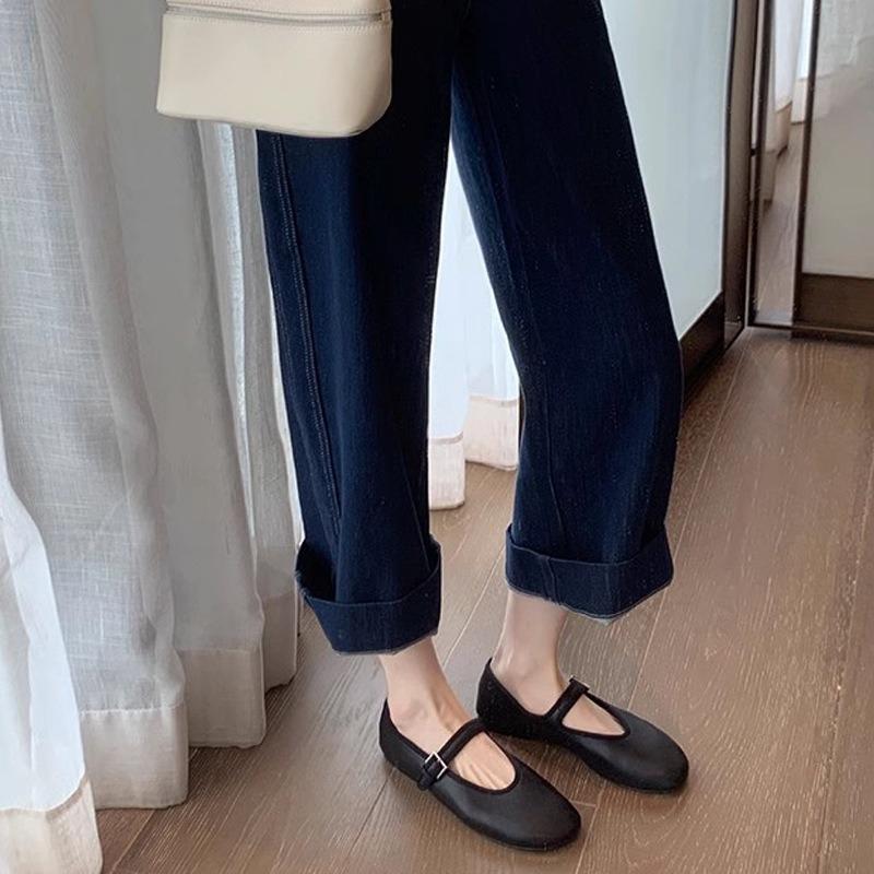 New Round-toe Buttoned Slip-on Low-heeled Open-toe Flat Shoes for Women