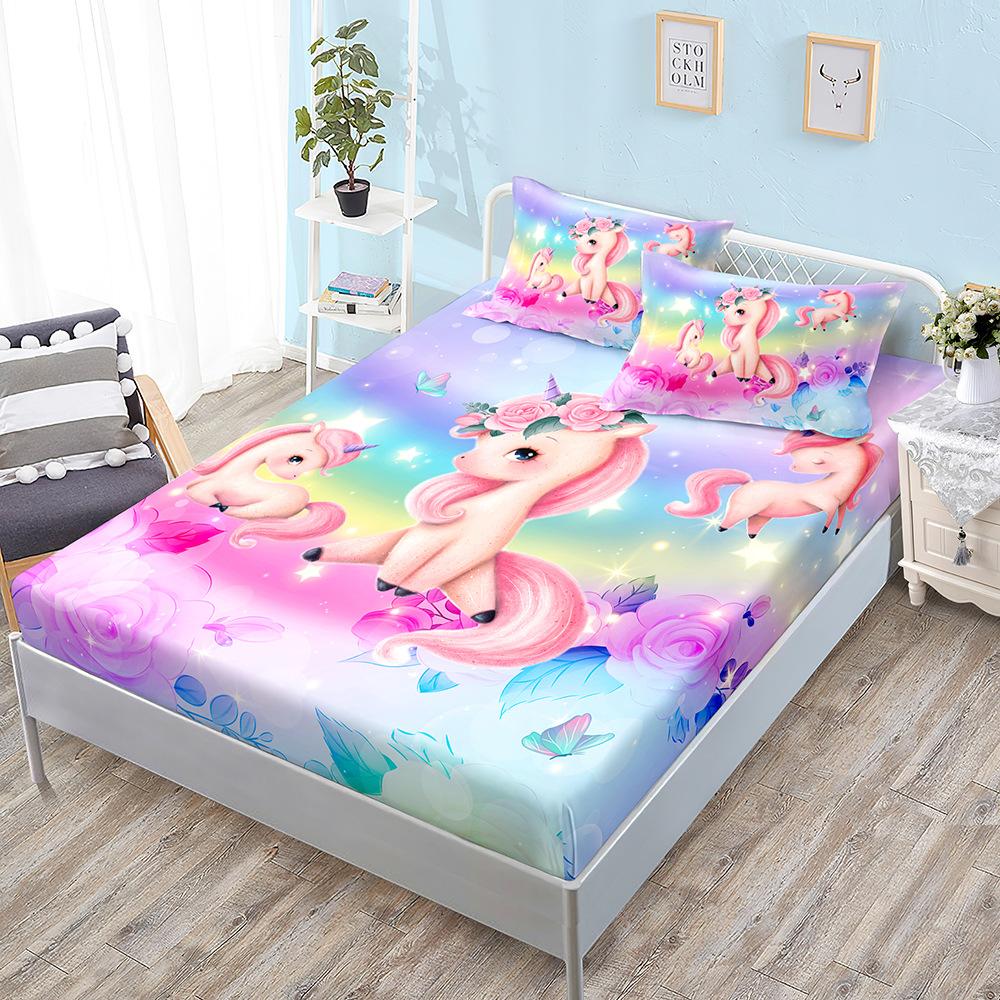 Cute Unicorn Mattress Three-Piece Set, Bedspread, Pillowcase, Mattress Protective Cover, Dust-Proof And Non-Slip.