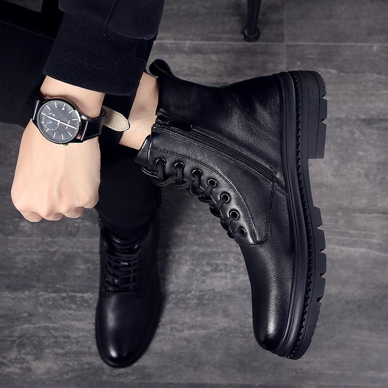 Leather Martin Boots Men's High Top Fleece Warm Cotton Leather Shoes Men's Winter Tooling Locomotive Boots