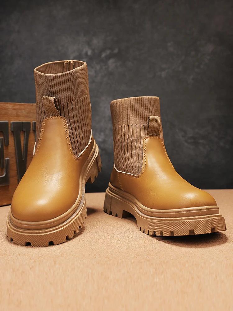 

Fashion Men s Ankle Boots New Autumn and Winter Sock Boots Fabric Elastic Tube Versatile Popular Trendy Shoes 2024 Casual Men s Boots 39 коричневый