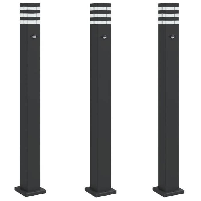 VidaXL Lampadaires d'extérieur avec capteur 3 pcs noir 110cm aluminium, éclairage au sol d'extérieur, éclairage au sol de 4006404