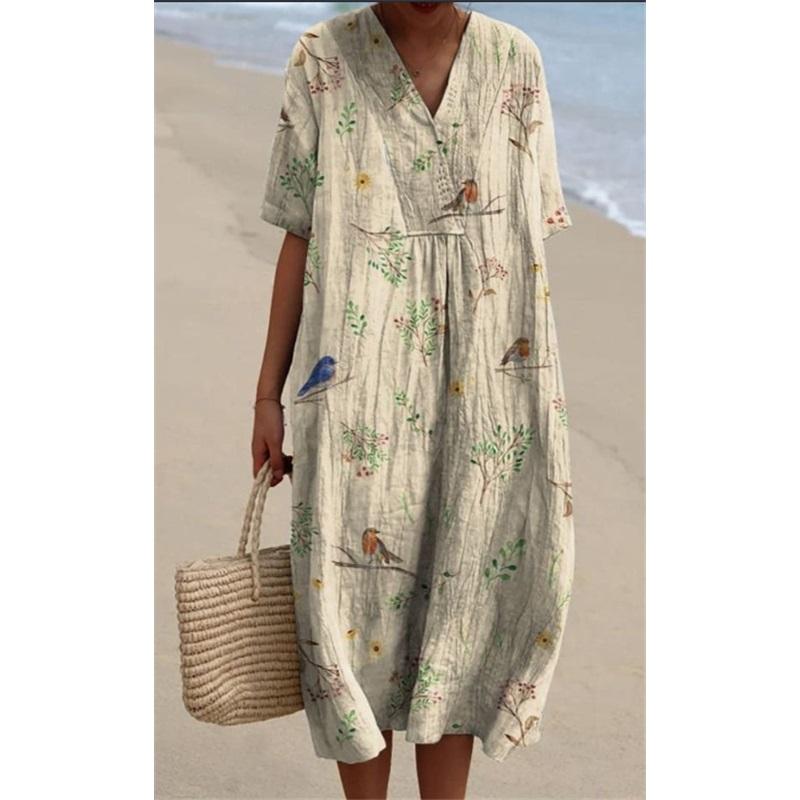 New European And American Style Ladies Dress Women's Comfortable Loose Printed V-neck Casual Long Skirt