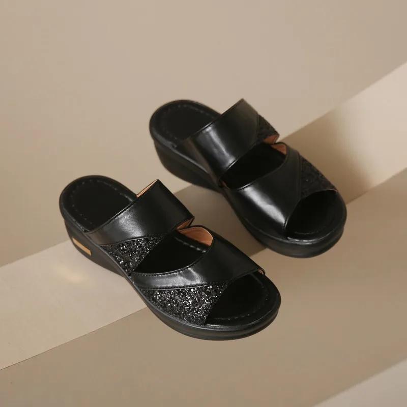 Summer High Heels Open Toe Sandals Glitter Wedges Shoes Female Casual Shoes Slingbacks Light Sandals For Woman