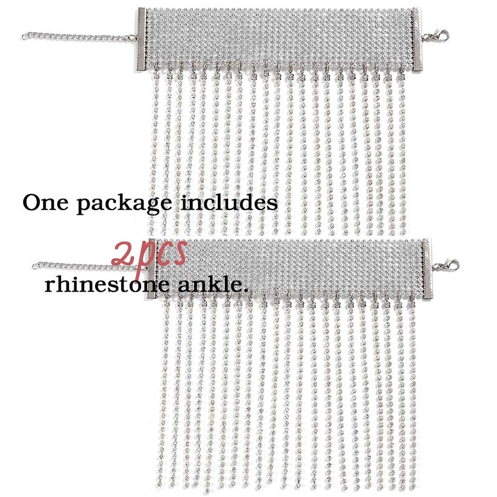 Rhinestone Ankle Bracelets Crystal Tassel Anklet 2pcs Glitter Tennis Foot Chain Wedding Jewelry Accessories For Women And Girls