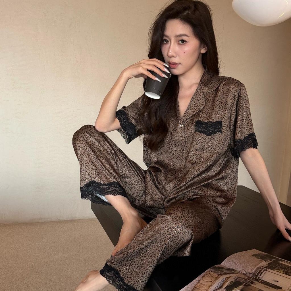 Summer Ice Silk Pajamas Women's Short-sleeved Trousers High-end French Lace Leopard Print Printing Internet Celebrity Loungewear Can Be Worn Outside