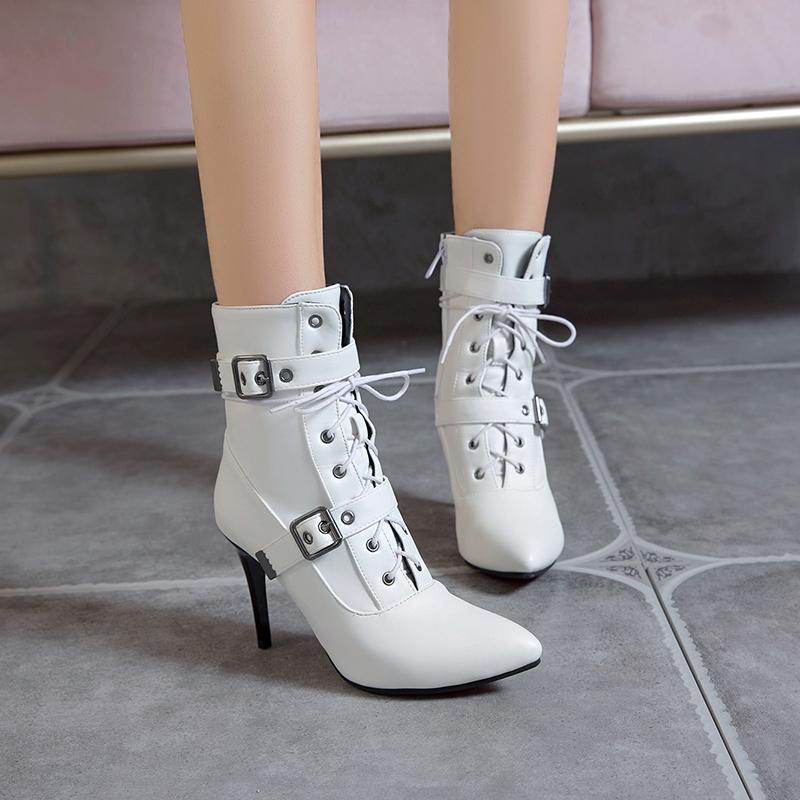Autumn Winter 2025 Mid-Calf Boots Women Pointed Toe Super High and Thin Heel Shoes Buckle Cross-Tied Decorate Size 3~19 Footwear