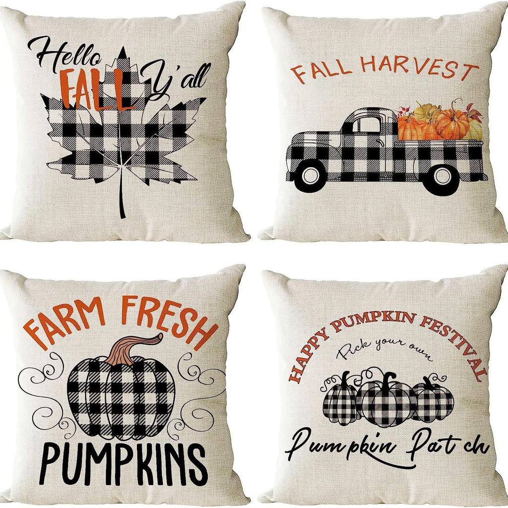 Autumn Pumpkin Maple Leaf Letter Printed Linen Pillow Case Thanksgiving Ambience Decorative Living Room Sofa Backrest Cushion