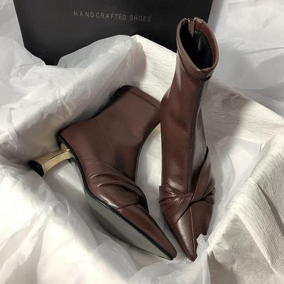 Vintage Brown Women Ankle Boots Fashion Elegant Pointed Toe Shoes Autumn Winter High Heel Women Designer Short Booties